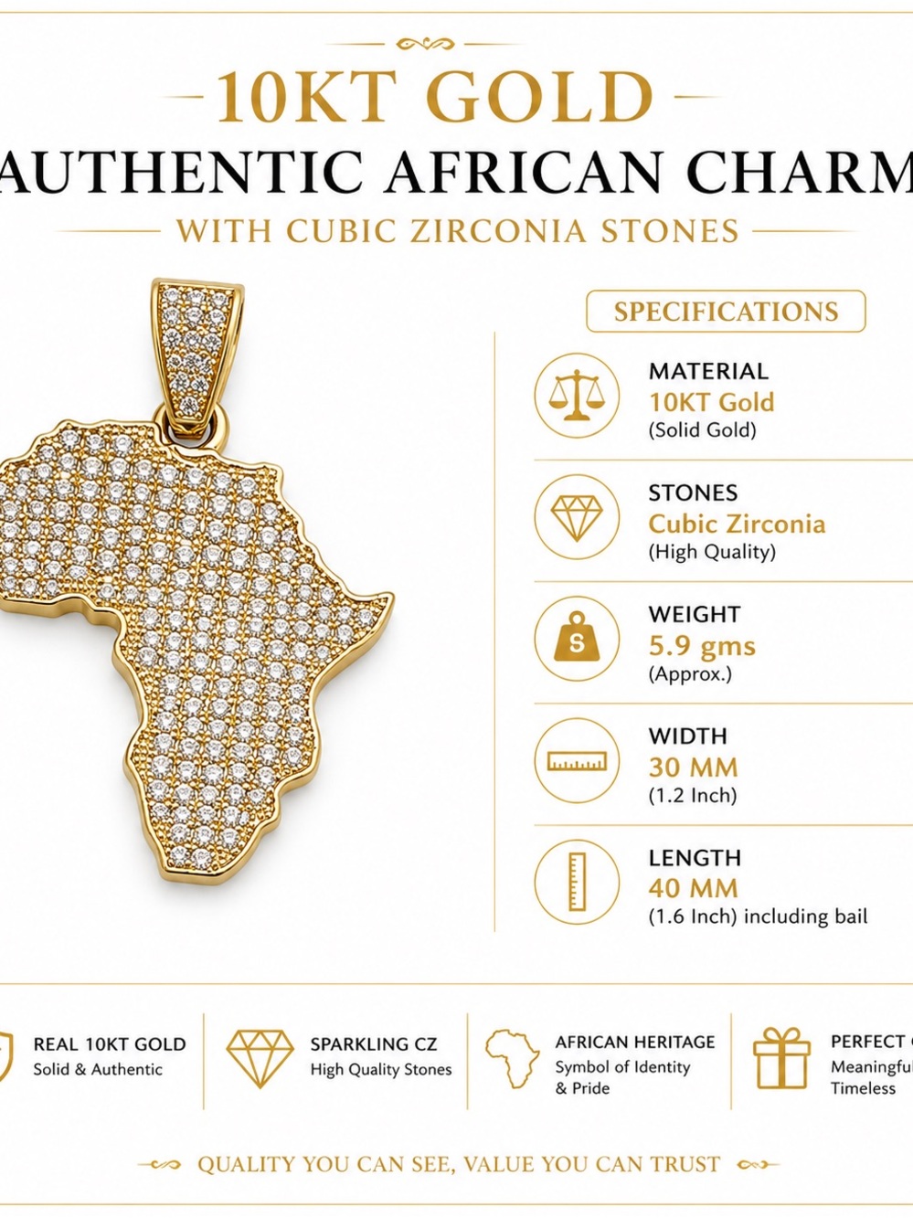 10KT Gold African Map Pendant with Cubic Zirconia - Gold